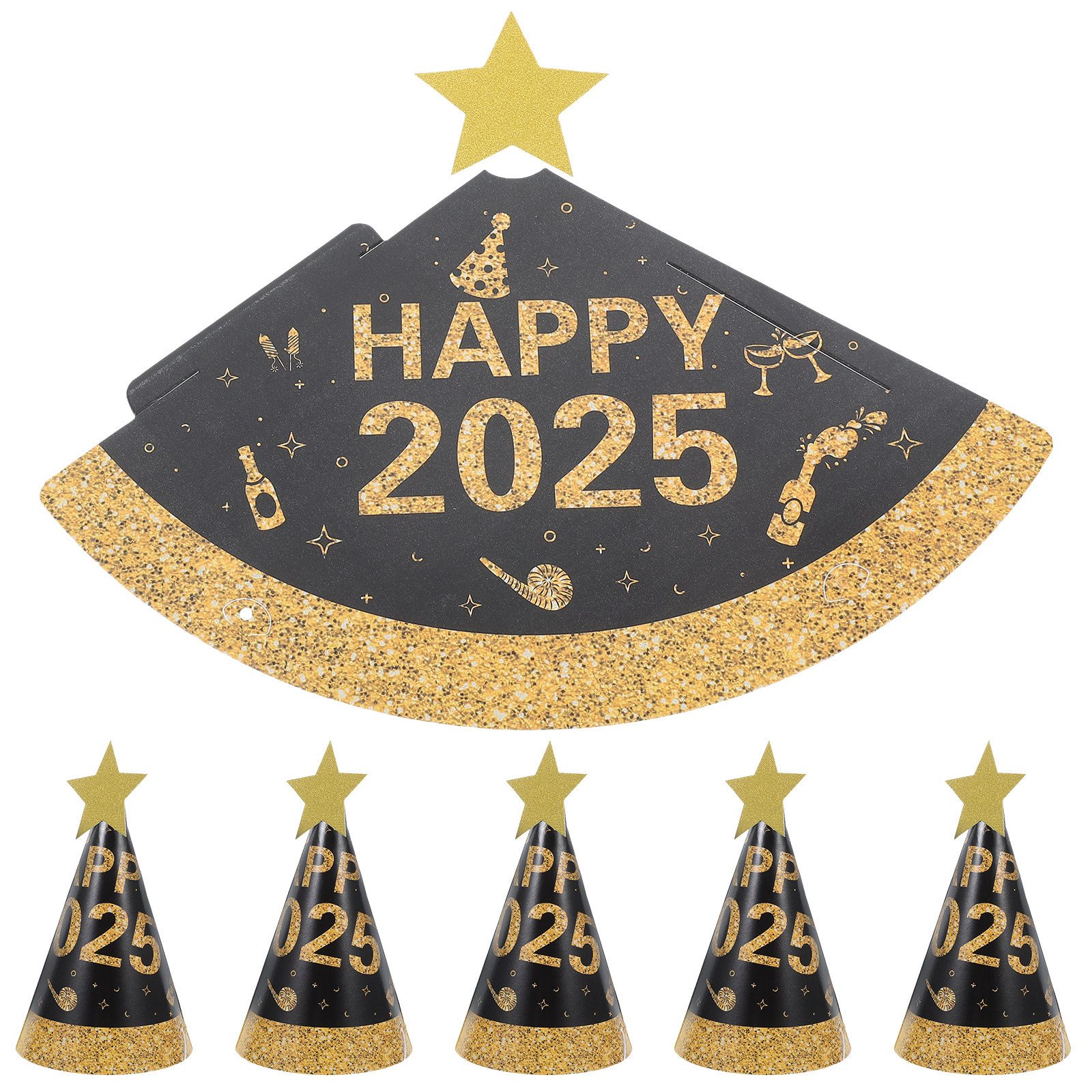 Party Hat Cone - 6Pcs Black Gold Paper Cone Hats